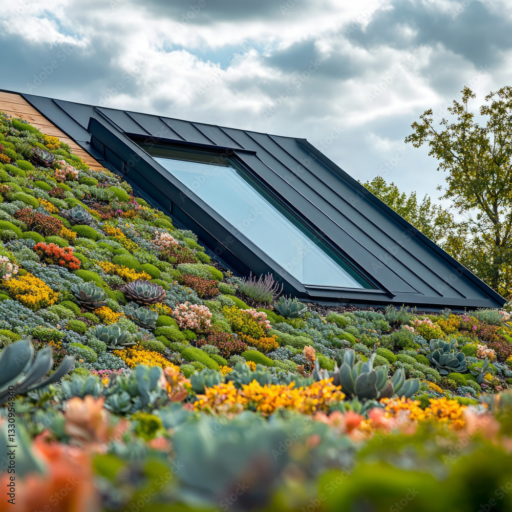 Green Roof with Succulents and Skylight on Modern Residential Building