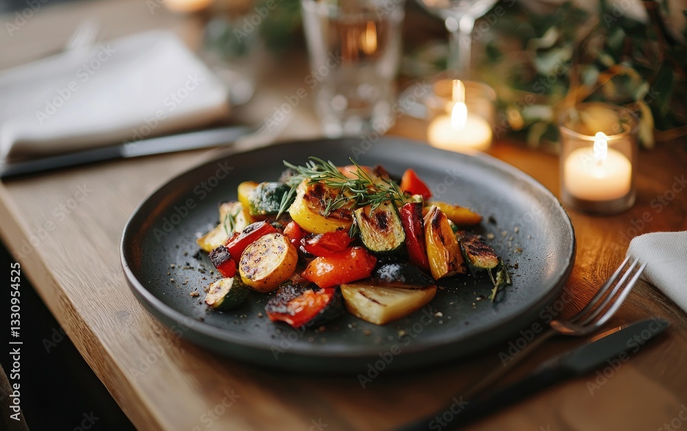 Grilled Vegetables on Dark Plate with Candlelight Grilled Vegetables on Dark Plate with Candlelight