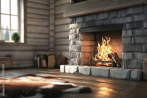 Cozy Cabin Fireplace, Warm Glow, Sunlight Through Window, Interior Design
