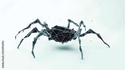 The image depicts an abstract representation of a spider rendered in a low-polygonal style.  The spider is predominantly black and grey, composed of interconnected geometric shapes creating a