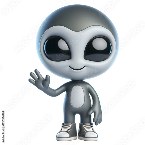 Cute confident gray alien character waving hand smiling in 3d render isolated on white background