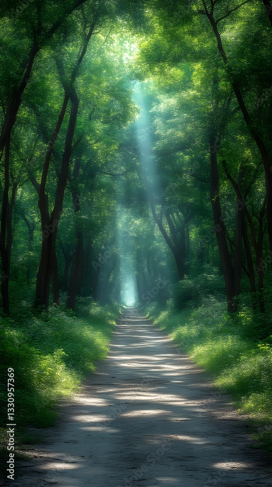 Obraz premium Sunbeams through a lush forest path