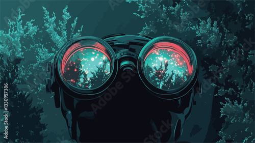 Close-up shot of a diver's face obscured by large, round goggles. The goggles reflect an underwater scene, showing vibrant coral and possibly marine life. The overall color palette is predominantly