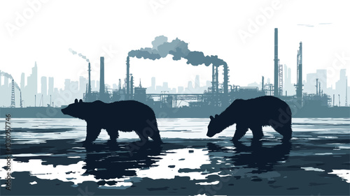 The image is a stylized illustration depicting two polar bear silhouettes walking on a dark, possibly icy or polluted, surface of water in the foreground.  The background features a detailed