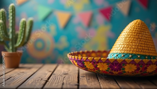 Cinco de mayo, traditional mexican hat and caribbean culture concept theme with close up on wicker or straw sombrero decorated in bright colors isolated on white background with a clipping path cutout