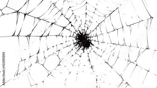 Close-up shot of a spiderweb rendered in black and white. The image is abstract, focusing on the intricate pattern and texture of the web.  The web radiates from a central dark point, with thin,