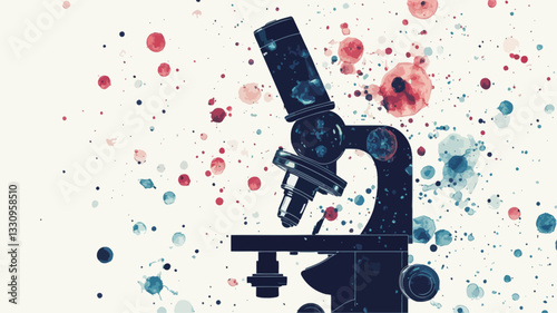 The image features a stylized silhouette of a compound light microscope rendered in shades of dark blue against a white background.  The microscope is centrally positioned. The background is filled