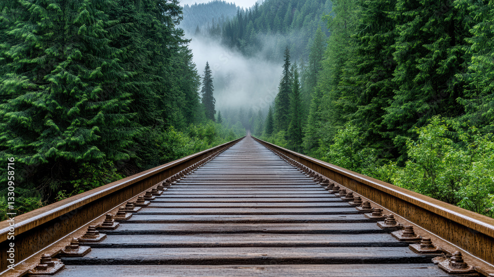 Fototapeta premium foggy sunrise over forgotten railway tracks surrounded by lush trees