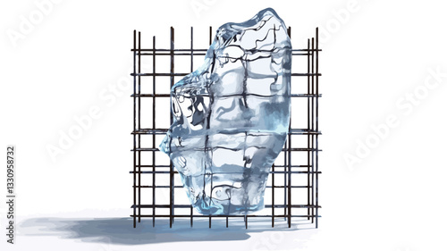 The image shows a three-dimensional rendering of an irregularly shaped ice sculpture positioned within a square metal grid structure. The ice is translucent, showing internal cracks and variations