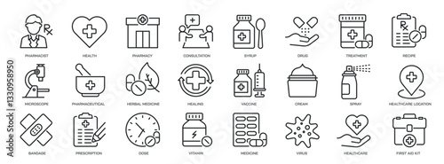 Set of collection line icons related pharmacy, healthcare, medicine, drug. Editable stroke. Perfect pixel on transparent background