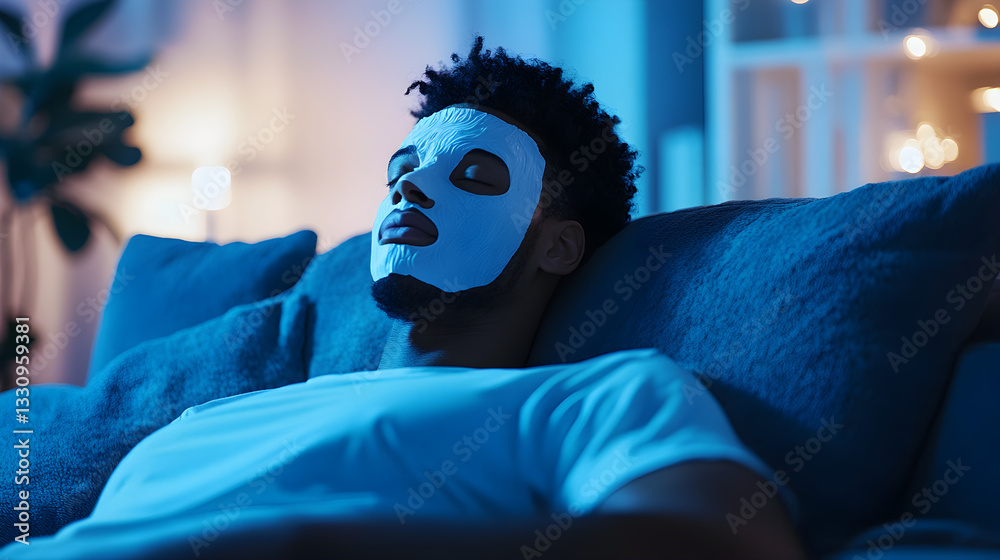 Obraz premium Serene Evening: Man Rejuvenating with Sheet Mask Under Tranquil Blue Ambient Light