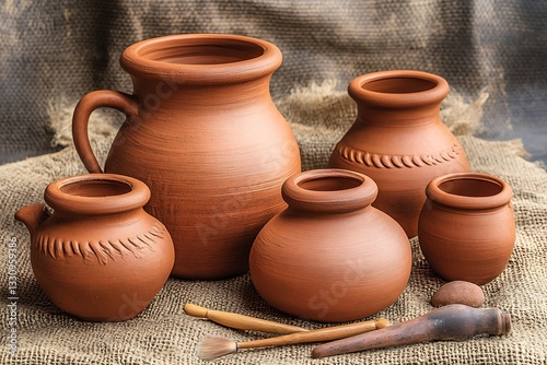 Terracotta pottery collection on burlap background