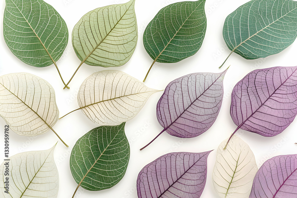 Obraz premium Colorful skeletonized leaves arranged symmetrically on a white background, showcasing intricate leaf vein patterns in various shades of green, purple, and white.
