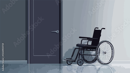 The image shows a black wheelchair positioned next to a closed dark grey door in a minimalist, sparsely decorated room. The walls are light grey, and the floor is a similar light tone. The lighting