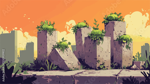 Digital illustration depicting a row of weathered, moss-covered concrete blocks resembling fragmented structures.  The blocks are positioned against a background of a muted cityscape silhouetted