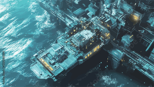 High-angle, close-up view of an offshore platform situated in a dark blue sea with heavy waves.  The platform is predominantly metallic and shows numerous structures, pipes, and machinery. The