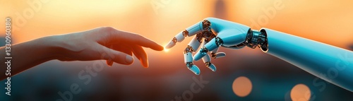 A human hand reaching towards a robotic hand, symbolizing connection and innovation.