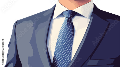 A close-up shot depicts the upper torso of a man wearing a dark navy blue suit and a blue patterned tie. The suit is sharply tailored, and the tie is neatly knotted. The white collared shirt