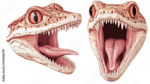 A digital illustration showcases two detailed close-up views of a gecko's head.  Both heads are presented in profile, one with its mouth slightly open and its tongue visible, the other with its