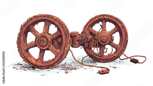 Close-up shot of a rusty dual wheel mechanism against a white background. The wheels are heavily rusted, showing significant signs of wear and age.  The connecting components are also rusty and