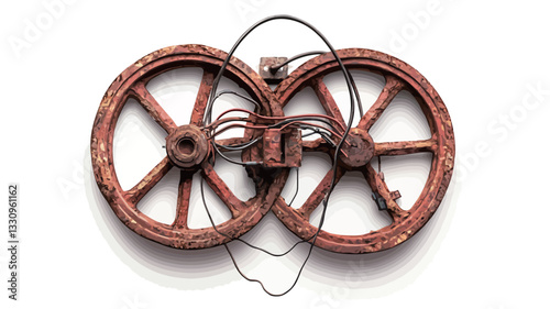 Close-up shot of a rusty, double-wheeled artifact.  The artifact appears metallic, showing significant signs of rust and age.  The wheels are connected at the center.  A faint, light-colored line