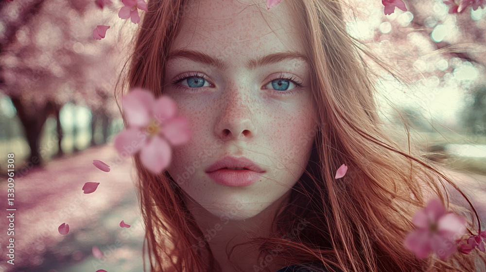 Fototapeta premium Woman ages 15 years old, blue eyes looking on camera, walking though a road that seems to have no end, covered with pink cherry blossom petals in spring, surrounded by pink flower trees.
