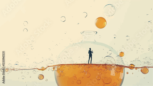Close-up shot of a miniature human figure standing inside a clear glass vessel partially submerged in a yellow-orange liquid.  The liquid is agitated, showing numerous bubbles rising to the