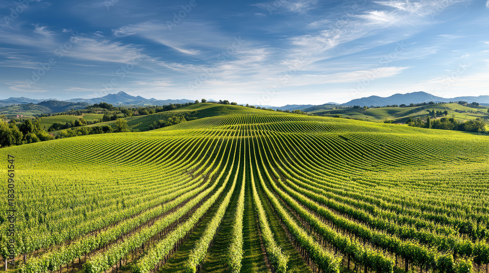 Lush vineyard landscape with rolling hills and vibrant grapevines Lush vineyard landscape with rolling hills and vibrant grapevines