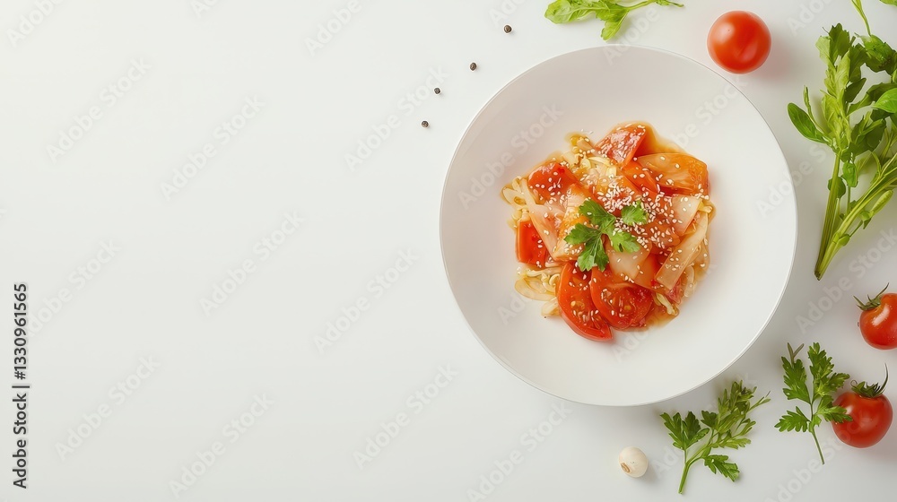 Elegant plate of high-end korean cuisine featuring tomatoes and parsley served in a michelin-star dining experience