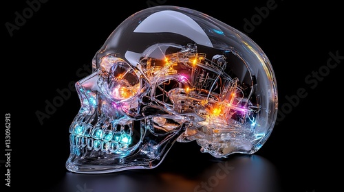 Glowing Transparent Skull with Colorful Lights and Intricate Design
