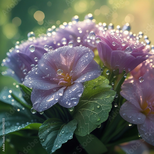 Delicate water droplets cling to the petals of a vibrant bouquet of flowers, glistening in the soft, warm light, with each drop refracting tiny rainbows, set against a blurred, lush green background,