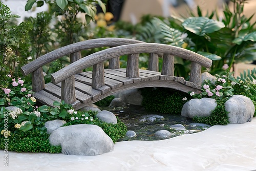Miniature wooden bridge over flowing stream in garden scene
