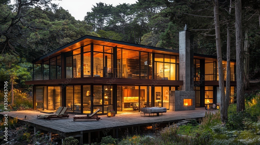 Obraz premium Modern Glass House Surrounded by Lush Forest at Twilight
