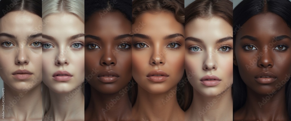 Obraz premium Medical and dermatological products for skin conditions. Collage. Close-up of beautiful young women. Concept of human diversity, beauty standards, and cosmetics.
