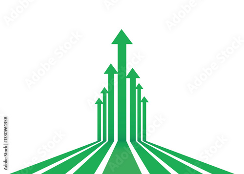 Green Business Arrows Rising Up. Racing for Success and Profit