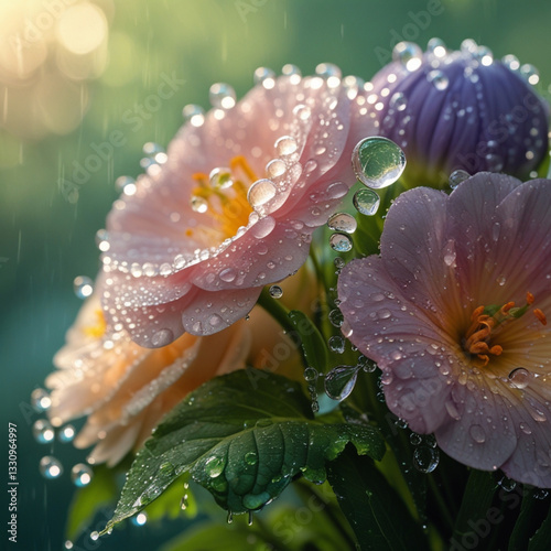 Delicate water droplets cling to the petals of a vibrant bouquet of flowers, glistening in the soft, warm light, with each drop refracting tiny rainbows, set against a blurred, lush green background,