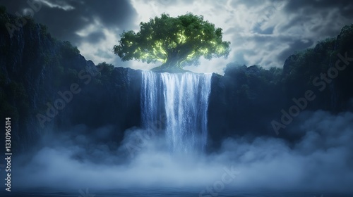 Majestic waterfall flowing beneath a luminous tree in a mystical landscape.