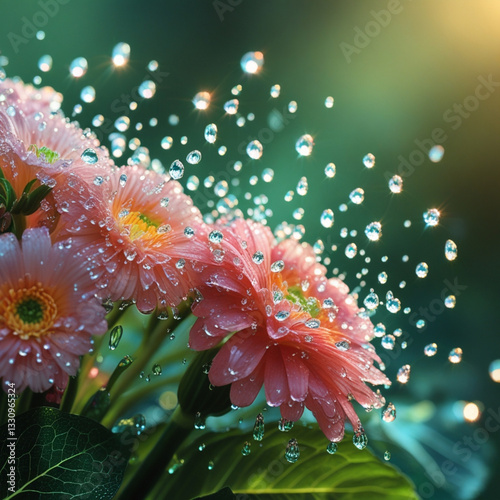 Delicate water droplets cling to the petals of a vibrant bouquet of flowers, glistening in the soft, warm light, with each drop refracting tiny rainbows, set against a blurred, lush green background,