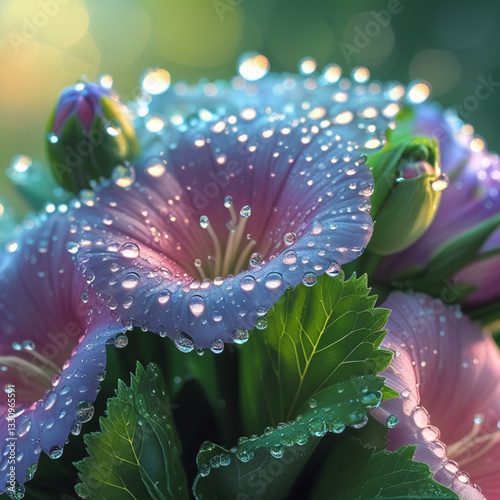 Delicate water droplets cling to the petals of a vibrant bouquet of flowers, glistening in the soft, warm light, with each drop refracting tiny rainbows, set against a blurred, lush green background,