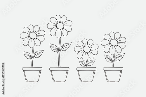 Illustration of four potted flowers arranged side by side with daisy-like blooms. Ideal for coloring pages, floral-themed designs, or artwork emphasizing minimalistic and hand-drawn floral motifs.