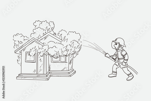 Illustration showcasing a firefighter spraying water to control and extinguish a house fire, emphasizing emergency response and heroism.