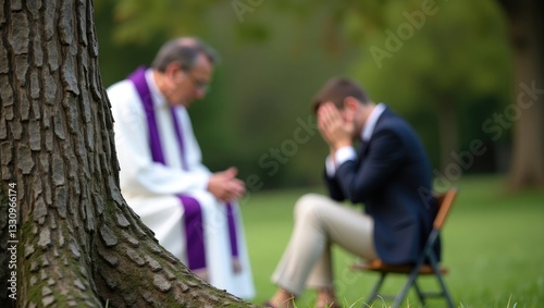 Priest administering Holy confession outdoors. photo