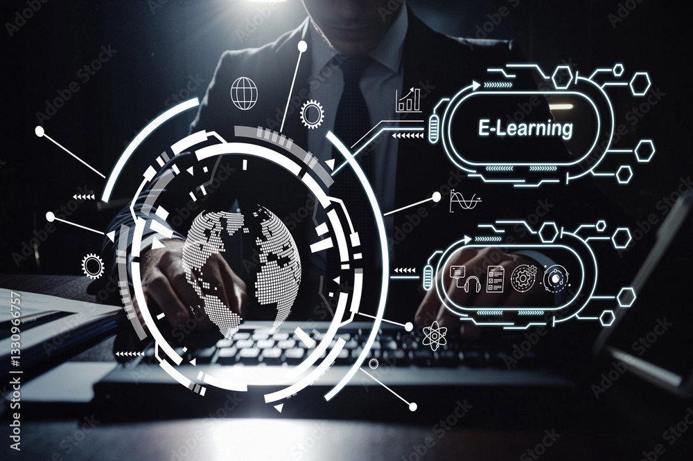 Fototapeta premium Professional on Laptop Engaging with Innovative E-Learning Technology and Digital Interfaces for Remote Education and Online Learning Solutions
