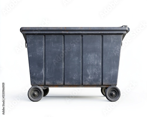Large gray metal dumpster with wheels on white background.