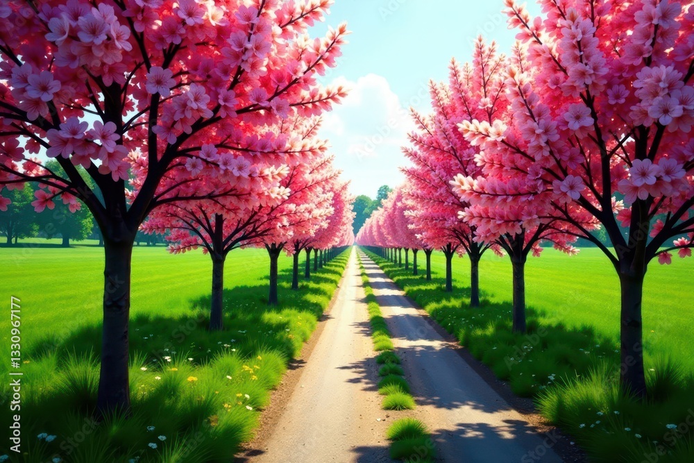 Naklejka premium Aerial view blooming trees lining spring countryside road, trees, charming