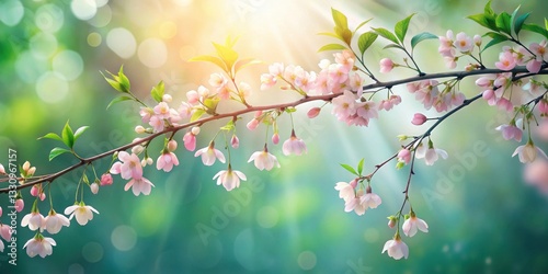 A Delicate Branch of Spring Blossoms Bathed in Sunlight, Showing Delicate Pink Petals and Vibrant Green Leaves, a Symbol of Renewal and Growth