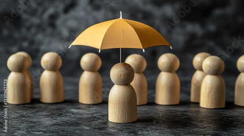 Wallpaper Mural Leadership concept with wooden figure holding an umbrella, representing protection and teamwork, minimalist style, professional design, symbolizing guidance and collective strength Torontodigital.ca