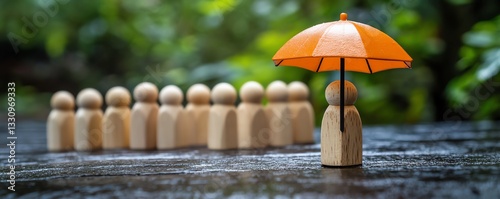 Wallpaper Mural Wooden figure symbolizing leadership, holding an umbrella for protection, surrounded by teamwork, clean design, visual metaphor for guidance, support, and unity Torontodigital.ca