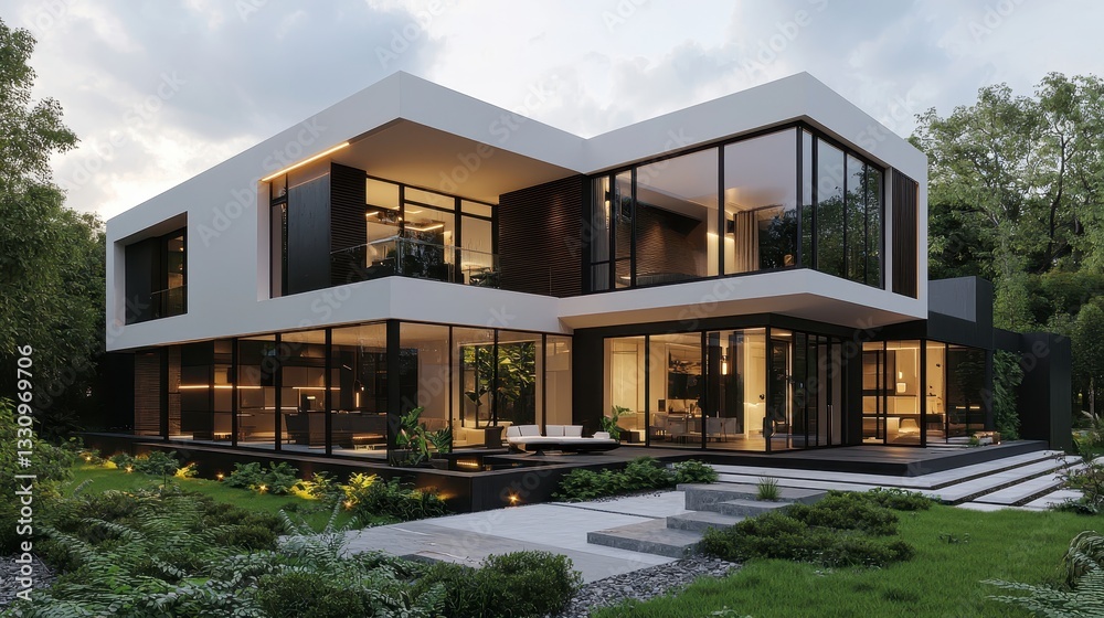 Modern House with Glass Windows Surrounded by Lush Greenery Modern House with Glass Windows Surrounded by Lush Greenery