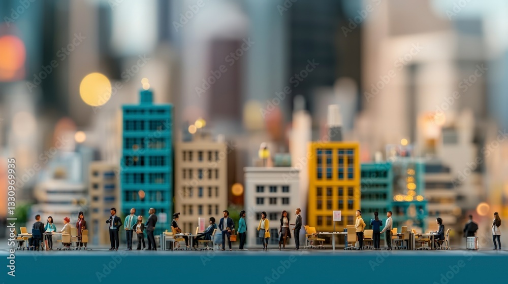 Obraz premium Miniature Cityscape Diverse Office Workers Urban Business Scene